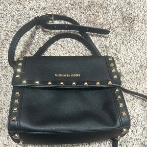 Michael Kors Black Leather Satchel with Gold Studs